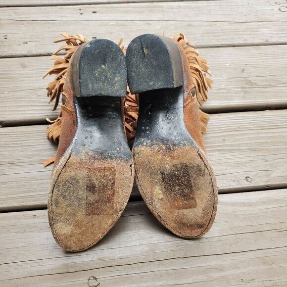 Freebird by Steven Distressed Whiskey Brown Suede Leather Fringe Buckle Booties - Picture 7 of 9